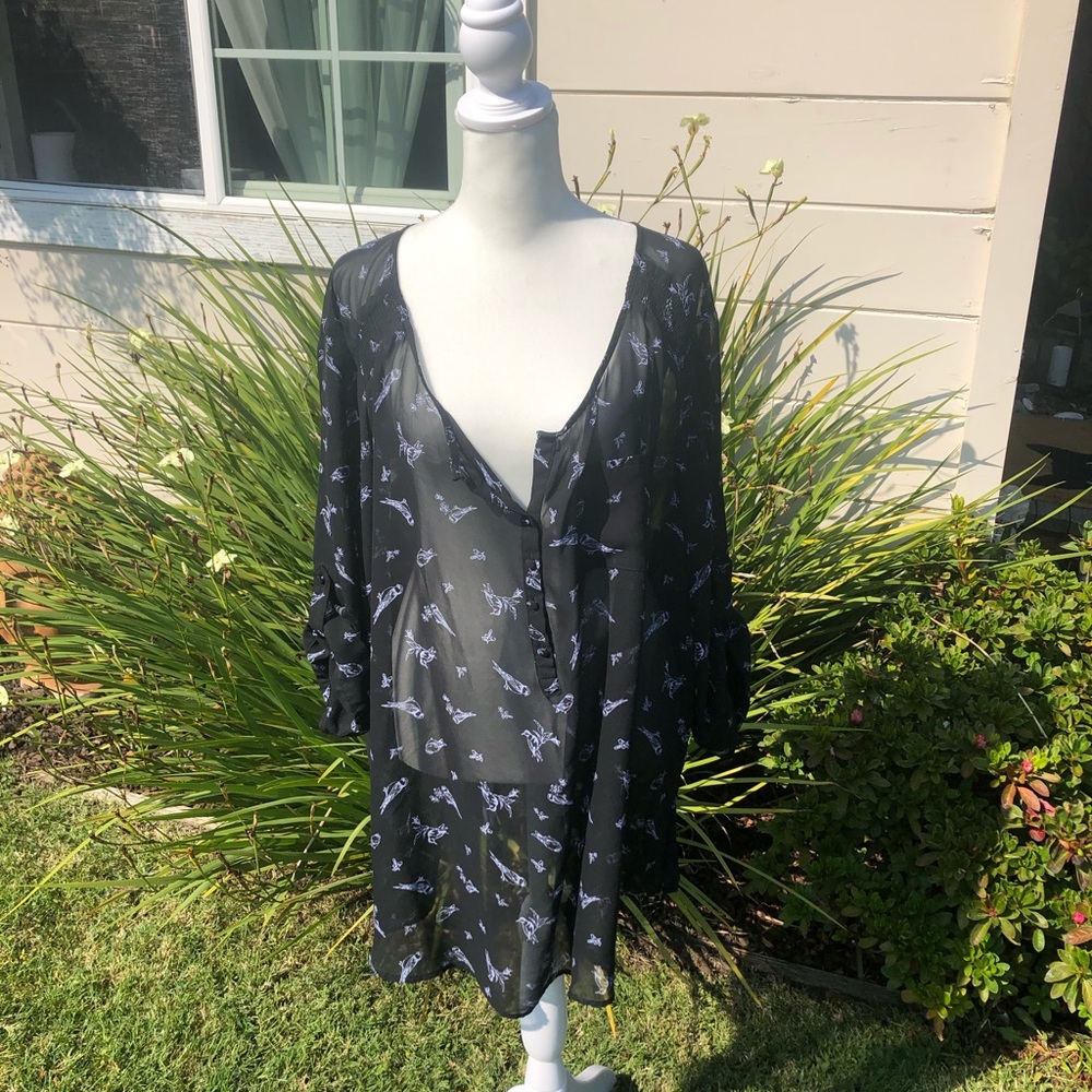 Sheer Patterned Blouse Half Button Up By Torrid - image 2